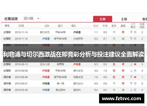 利物浦与切尔西激战在即竞彩分析与投注建议全面解读